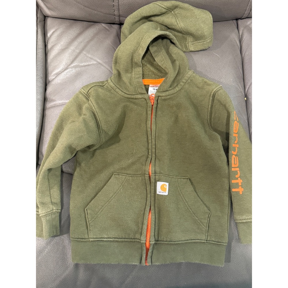 Carhartt Toddler 18M Olive Green Orange Full Zip‎ Hoodie Sweatshirt ST877